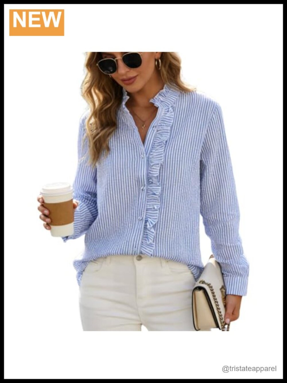 Women's Classic Striped Long Sleeve Ruffle Collar Button Down Blouse Business